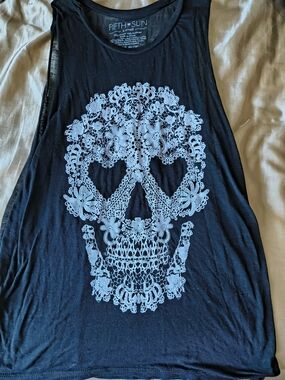 Fifth Sun Black Tank with Light Blue Lace Skull Graphic